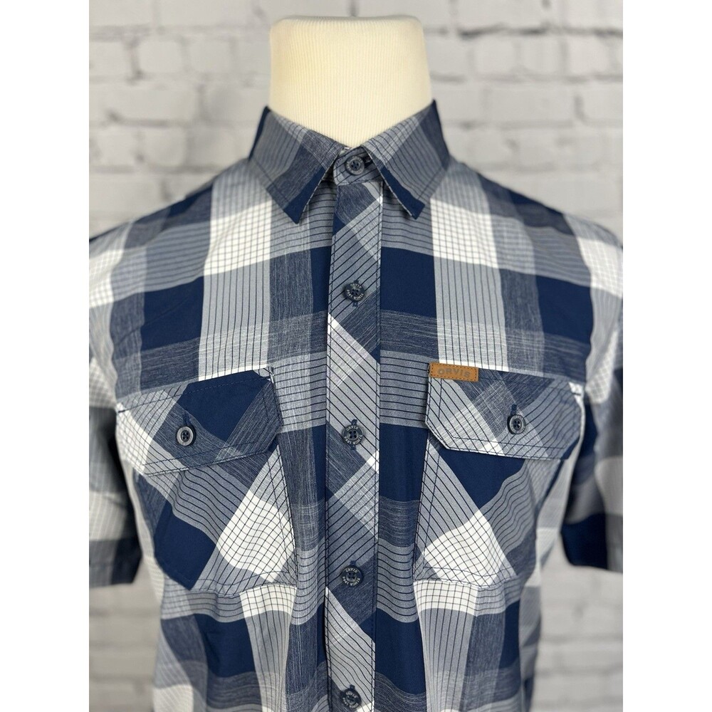 Orvis Men's M 100%Polyester Wicking Outdoors Shirt Blue, White Plaid Pockets